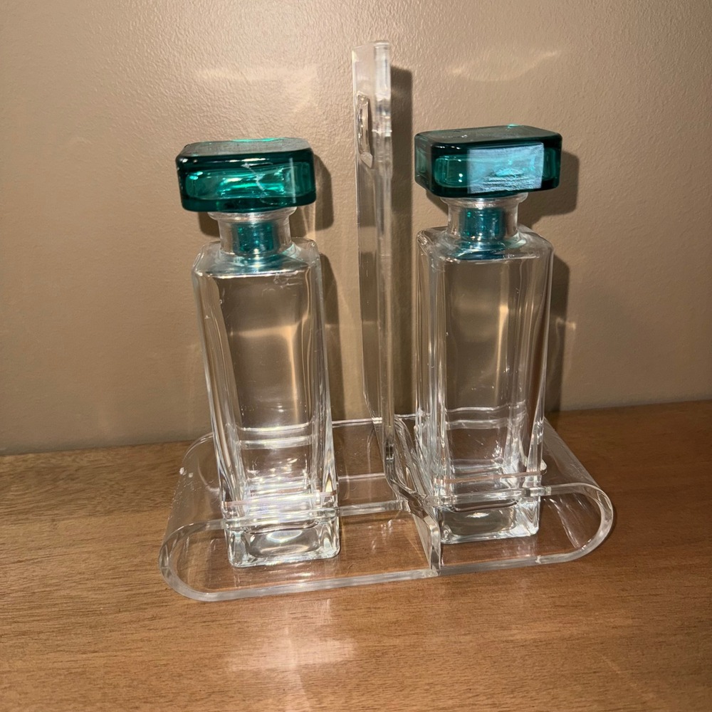 Vintage Glass Oil and Vinegar Cruet Set with Teal Stoppers and Acrylic Caddy